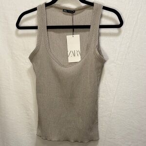 ZARA Beige Textured Ribbed Tank Top Scoop Neck Basic Neutral - Size S